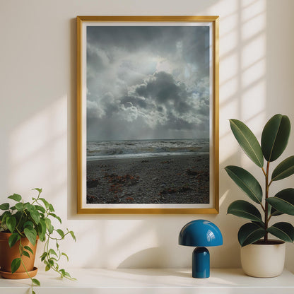 Stormy Seascape Photography Print, Dramatic Sky Coastal Poster, Moody Ocean Wall Art, Pebble Beach Grey Cloud Photo Print for Living Room