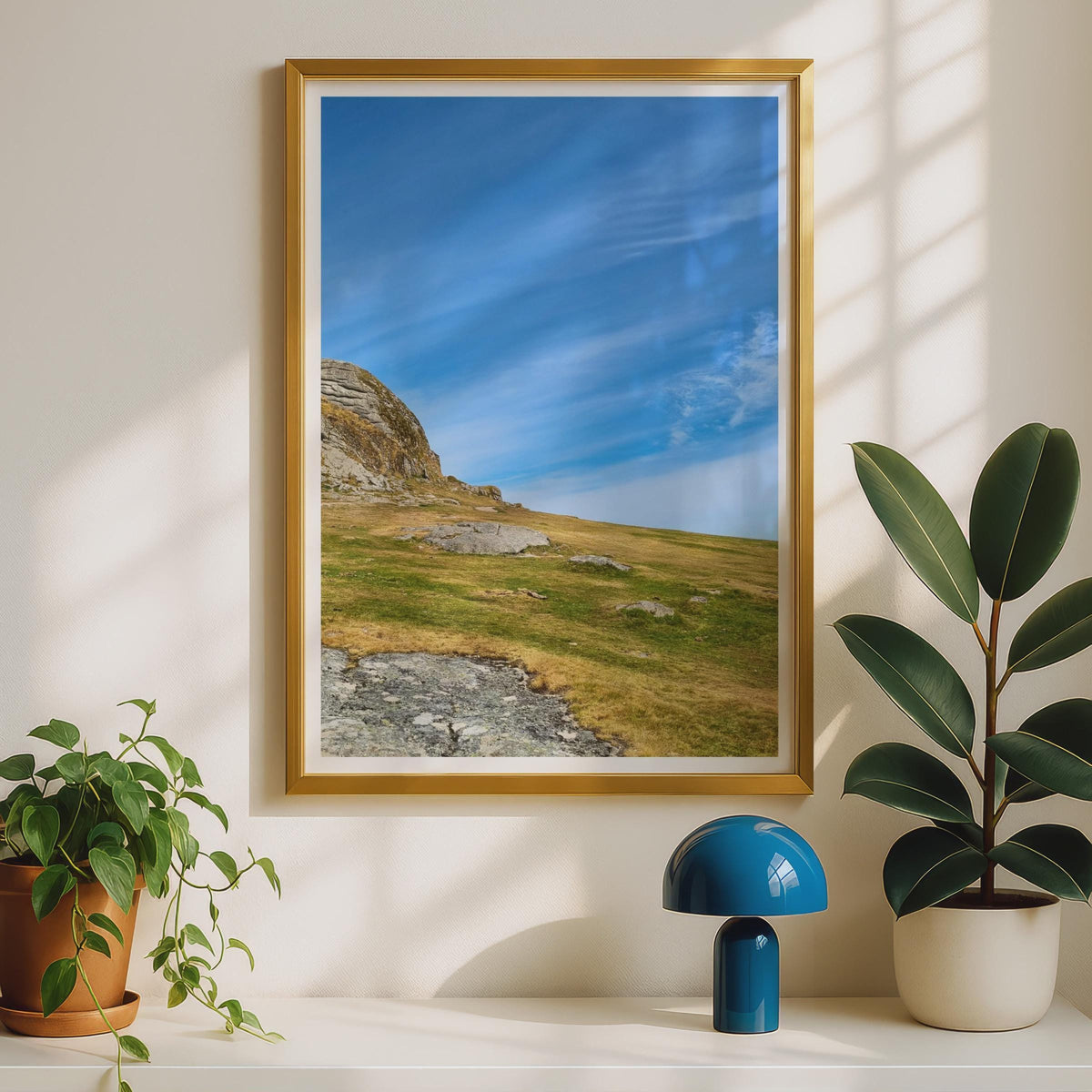 Dartmoor Tor Landscape Poster, Granite Rock Moorland Print, Blue Sky Devon Wall Art, British Countryside Nature Photography Print