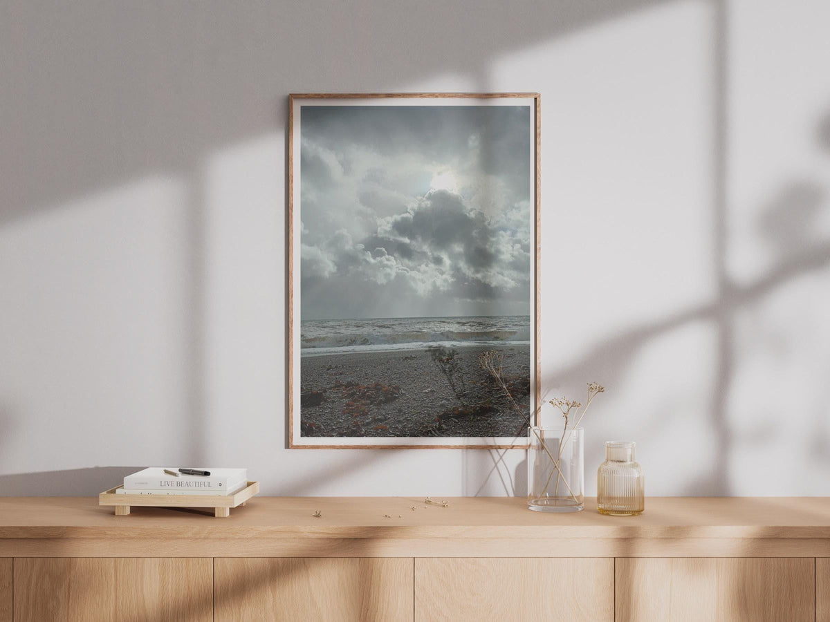 Stormy Seascape Photography Print, Dramatic Sky Coastal Poster, Moody Ocean Wall Art, Pebble Beach Grey Cloud Photo Print for Living Room