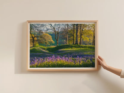 Bluebell Wood Landscape Poster, Spring Woodland Framed-Print, British Countryside Wall Art, Purple Wildflower Trees Nature Photography