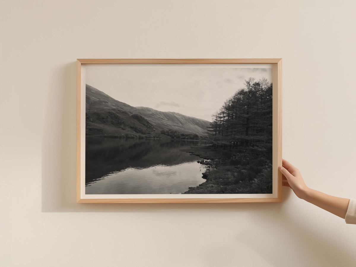 Black and White Lake District Poster, Mountain Lakeside Landscape Framed-Print, Moody Trees Wall Art, British Countryside Photography