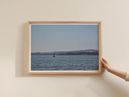 Coastal Seascape Poster, Navigation Buoy Sea View Framed-Print, Devon Bay Wall Art, Blue Ocean Horizon, Nautical Home Decor Gift