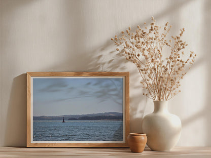 Coastal Seascape Poster, Navigation Buoy Sea View Framed-Print, Devon Bay Wall Art, Blue Ocean Horizon, Nautical Home Decor Gift