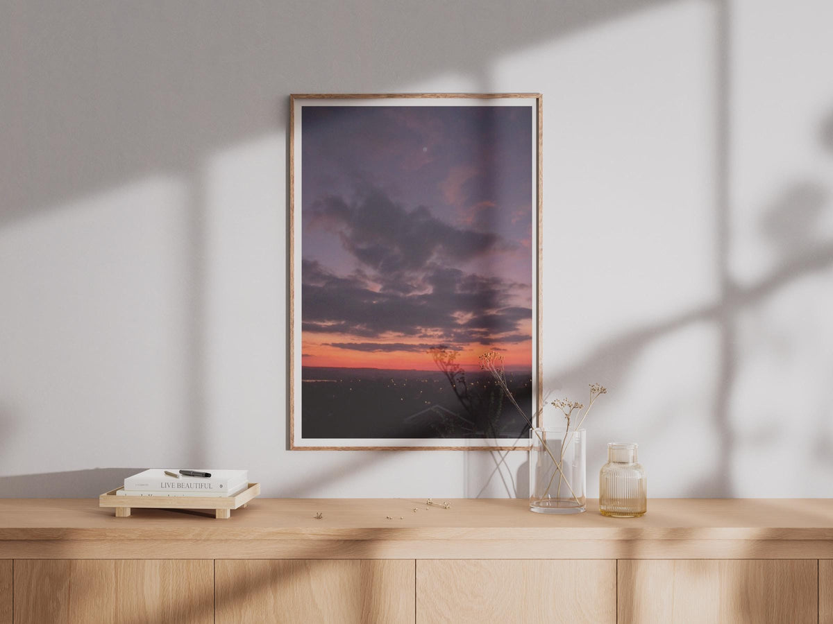 Dramatic Sunset Sky Poster, Purple Orange Dusk Skyline Print, Twilight Cloud Wall Art, Moody Night Landscape, Living Room Bedroom Decor