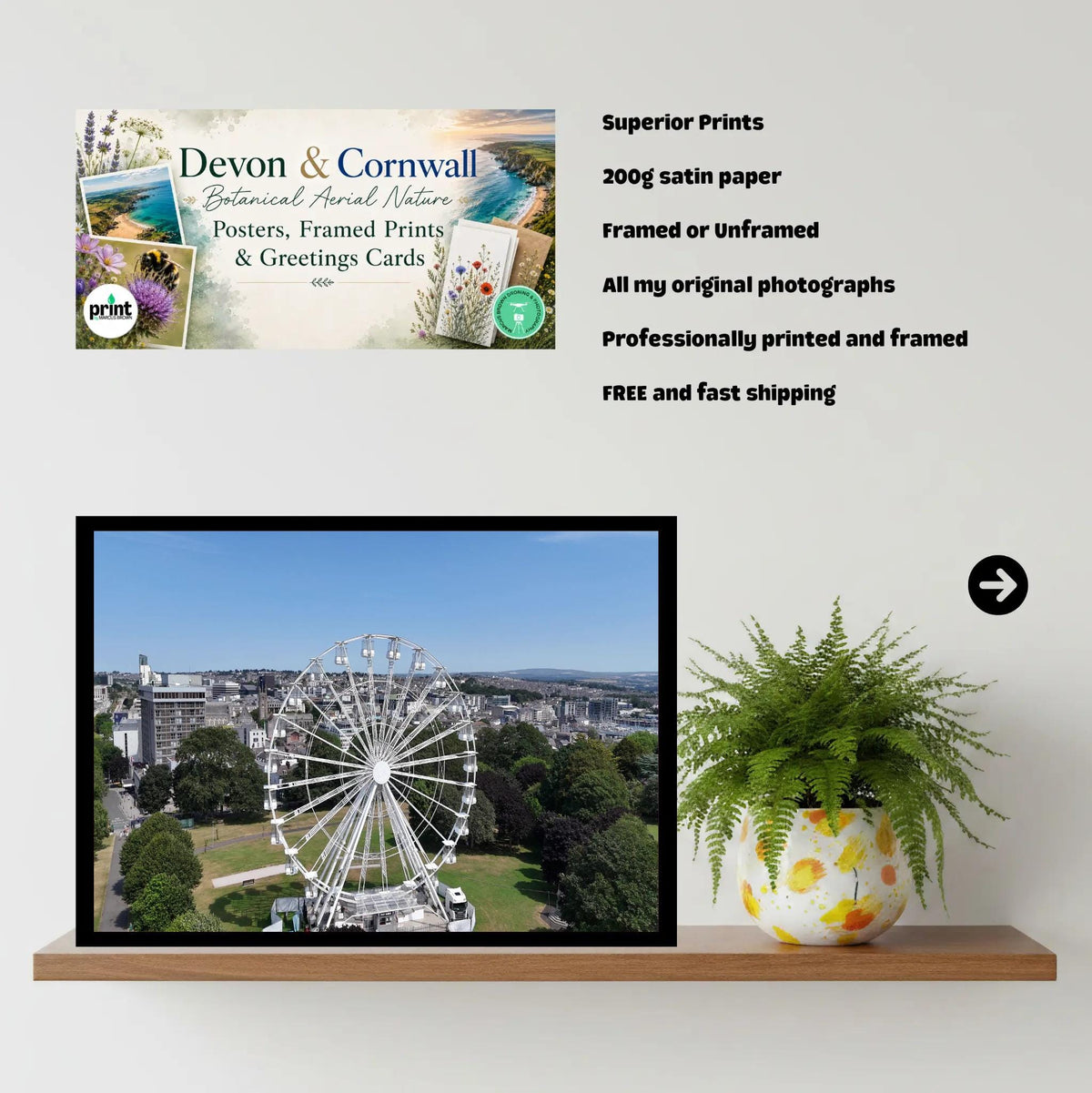 Plymouth Big Wheel Summer Print, Ferris Wheel City View, Plymouth Hoe, Funfair Art, Observation Wheel Wall Decor, A5 to A1 Sizes