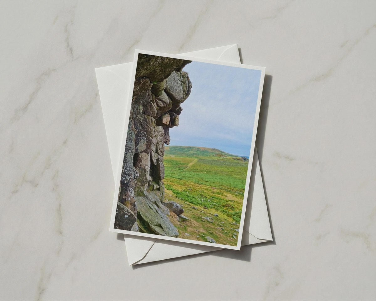 Dartmoor Tor Granite Rock Card, Devon Moorland Landscape, Green Hillside Nature Card