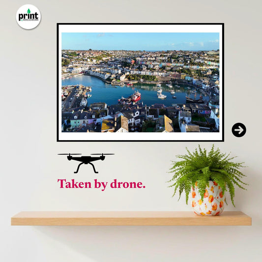 Brixham Harbour Drone Photograph, Devon Coastal Wall Art, Fishing Port Print