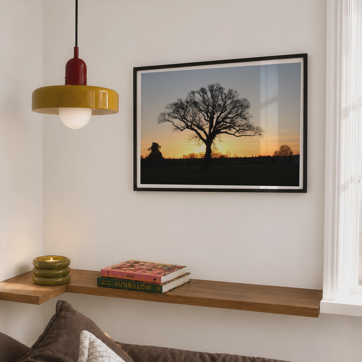 Oak Tree Sunset Silhouette Poster mockup - Corner Bedroom Mockup - Landscape