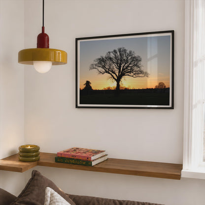 Oak Tree Sunset Silhouette Poster mockup - Corner Bedroom Mockup - Landscape