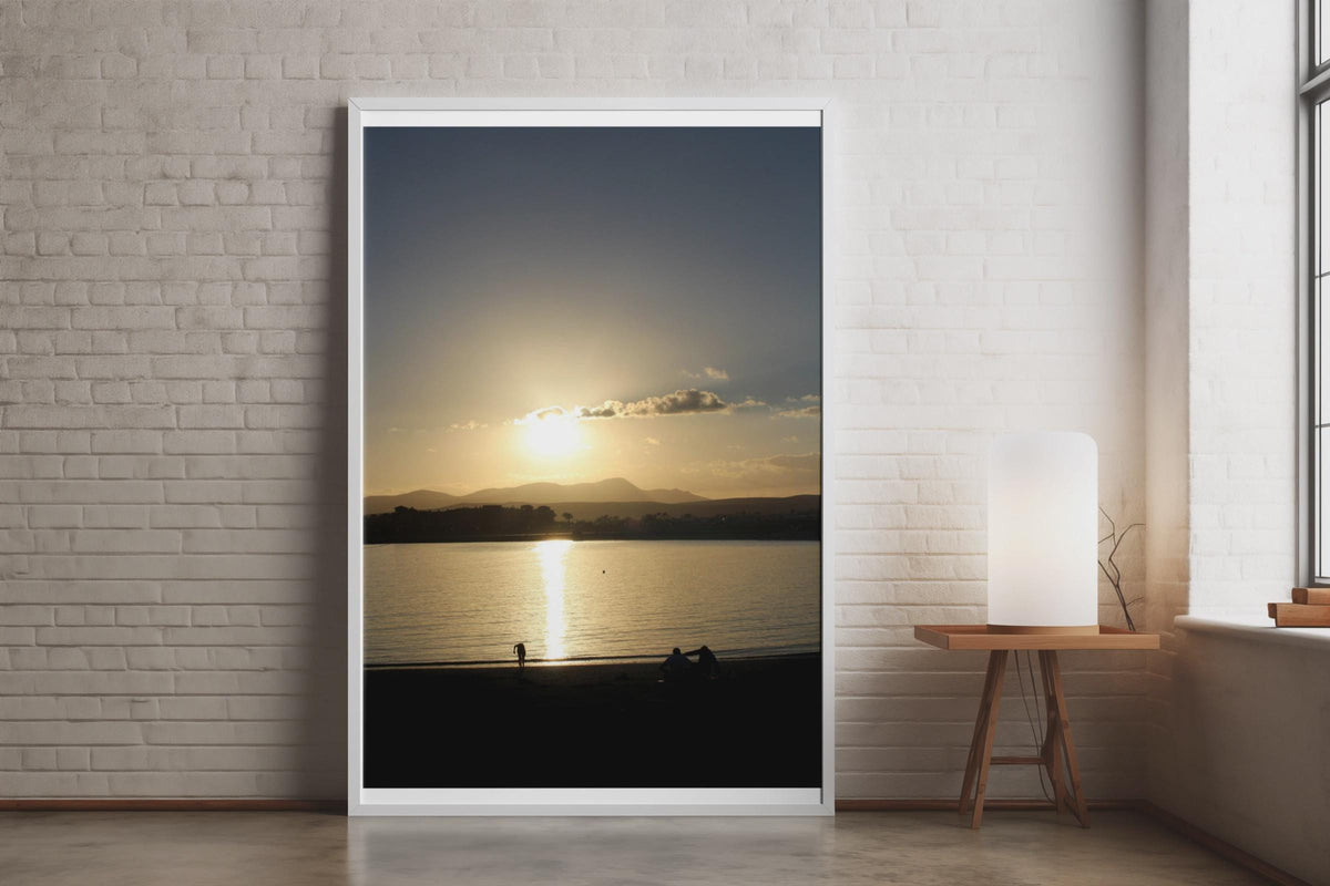 Sunset Beach Silhouette Poster, Golden Coastal Wall Art, Seascape Print, Mountain Horizon, Calm Water Reflection, Seaside Home Decor