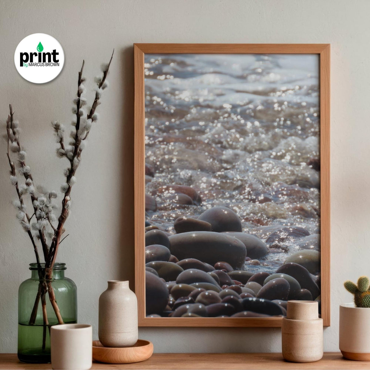 Coastal Wall Art Print: Pebbles Glistening in Sunshine - Framed or Unframed