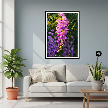 Wisteria Sunset Glow Print, Vibrant Purple Floral Wall Art, Romantic Nature Decor, Summer Bloom, Archival Paper, Home & Gift Idea