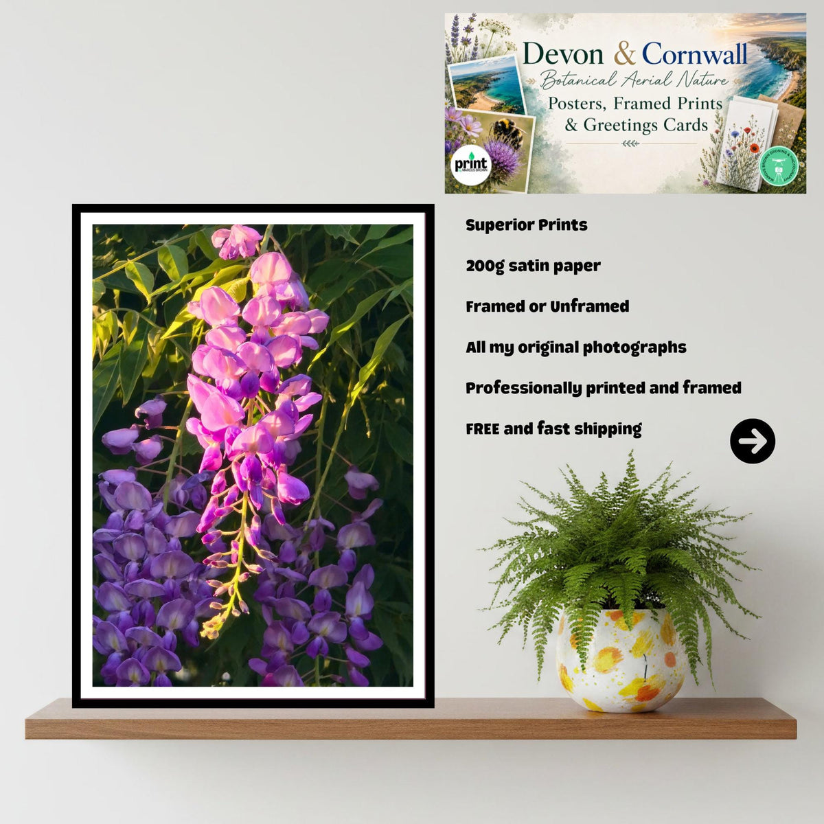 Wisteria Sunset Glow Print, Vibrant Purple Floral Wall Art, Romantic Nature Decor, Summer Bloom, Archival Paper, Home & Gift Idea