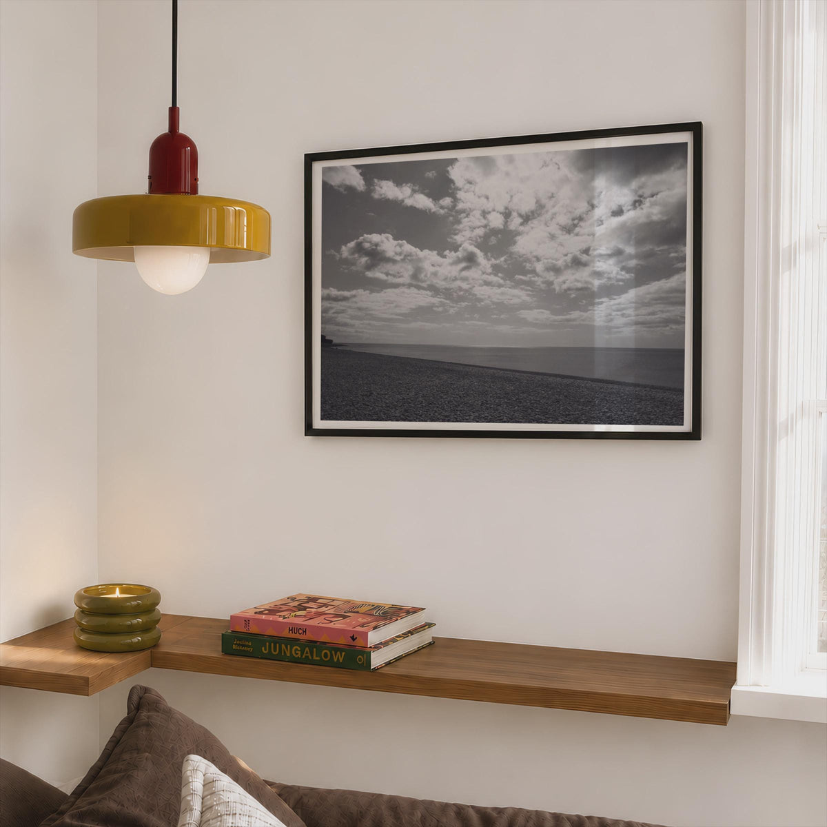 Budleigh Salterton Beach Poster, Black and White Coastal Print, Pebble Beach Framed-Print, Devon Seascape Wall Art, Dramatic Sky Photography