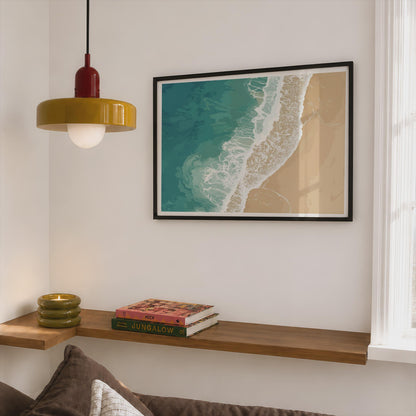 Cornwall Beach Aerial Poster, Teal Ocean Waves Framed-Print, Coastal Wall Art, Sandy Shore Print, Cornish Sea Gift