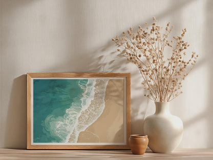 Cornwall Beach Aerial Poster, Teal Ocean Waves Framed-Print, Coastal Wall Art, Sandy Shore Print, Cornish Sea Gift