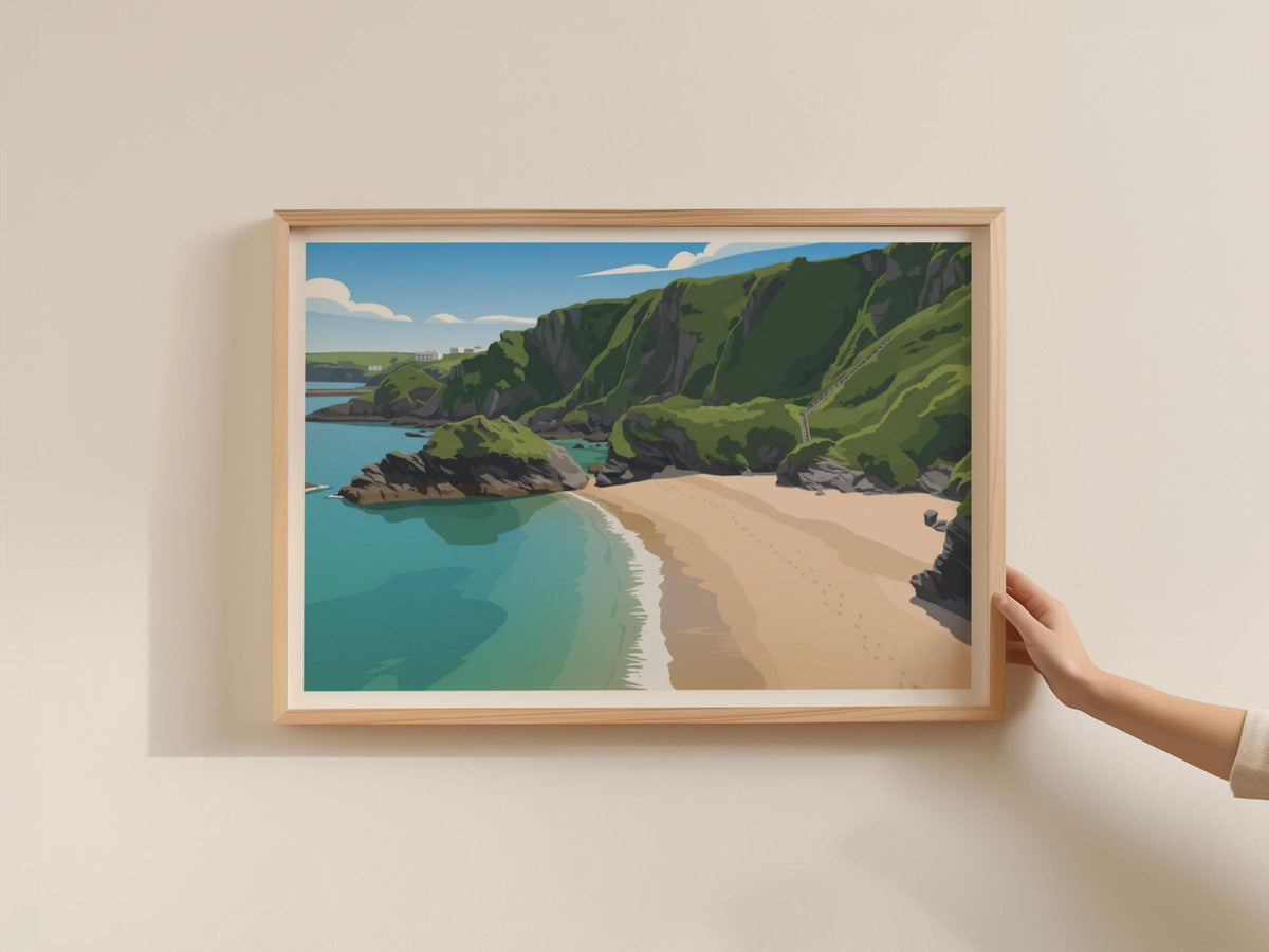 Cornwall Coastal Beach Poster, Turquoise Cove Framed-Print, Illustrated Cliff Wall Art, British Seaside Print, Southwest England Decor