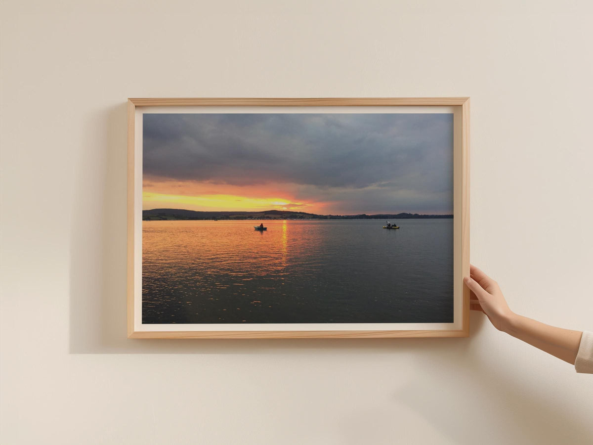 Sunset Landscape Poster, Boats on Water at Dusk, Estuary Framed-Print, Orange Sky Wall Art, Coastal Home Decor, British Countryside Print