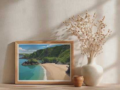 Cornwall Coastal Beach Poster, Turquoise Cove Framed-Print, Illustrated Cliff Wall Art, British Seaside Print, Southwest England Decor