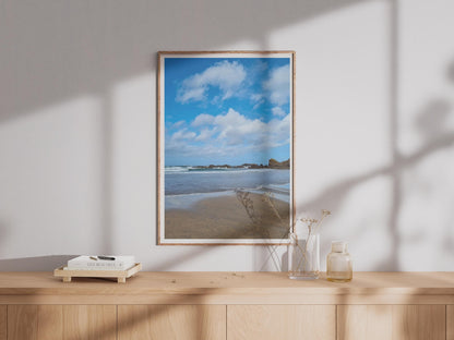 Rocky Coastal Beach Photography Print, Blue Sky Ocean Waves Poster, Sandy Shore Wall Art, Seaside Landscape Print for Living Room Decor