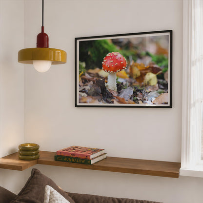 Fly Agaric Mushroom Poster mockup - Corner Bedroom Mockup - Landscape