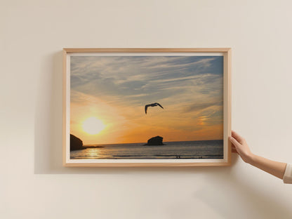 Seagull Sunset Coastal Poster, Seascape Framed-Print, Golden Sky Ocean Wall Art, Beach Sunset Photography, Coastal Home Decor Gift