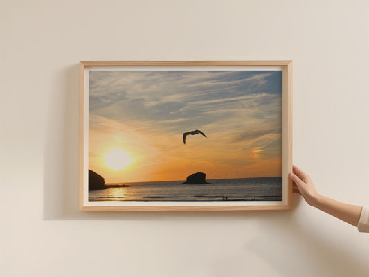 Seagull Sunset Coastal Poster, Seascape Framed-Print, Golden Sky Ocean Wall Art, Beach Sunset Photography, Coastal Home Decor Gift