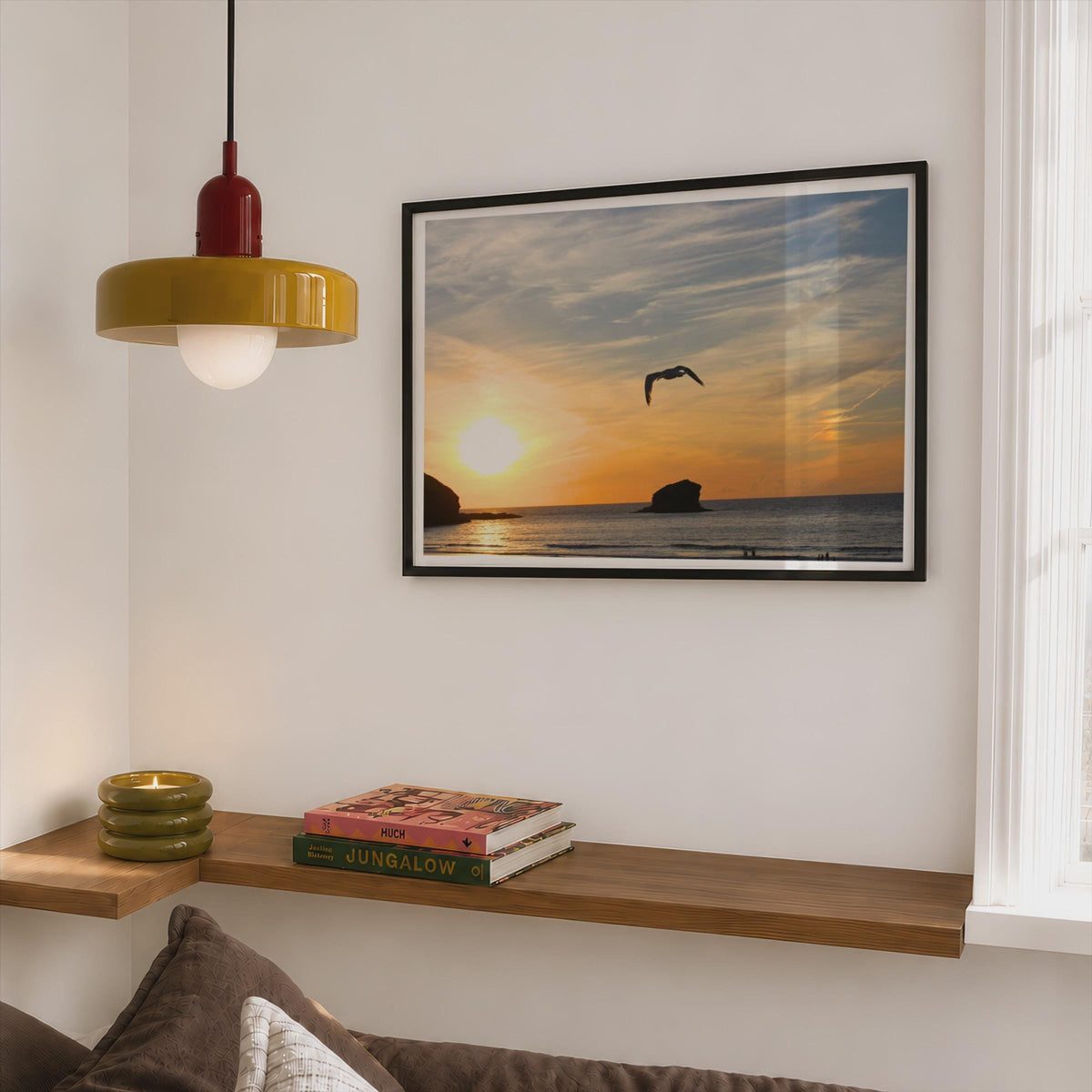 Seagull Sunset Coastal Poster mockup - Corner Bedroom Mockup - Landscape