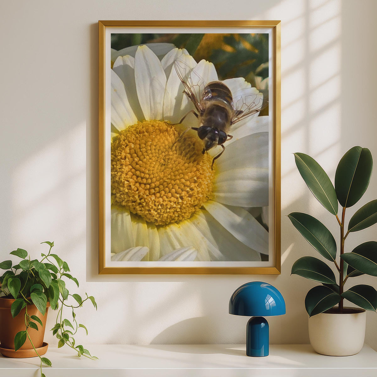 Hoverfly on Daisy Poster, Macro Nature Photography Print, Bee Insect Wall Art, White Flower Garden Wildlife Photo Print for Home Decor