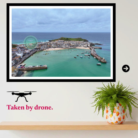 St Ives Harbour and Turquoise Waters from Above Poster or Framed Print