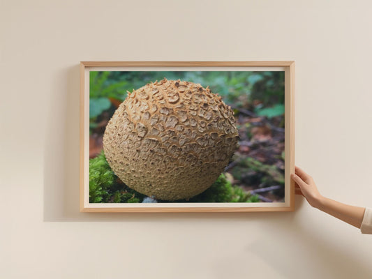 Puffball Mushroom Poster, Fungi Forest Photography Print, Framed-Print, Nature Wall Art, Brown Botanical, Woodland Decor, Macro Close-Up