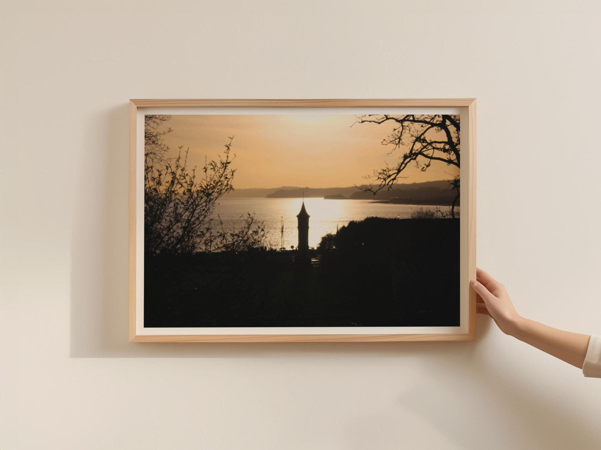 Sunset Silhouette Church Tower Coastal Landscape Poster, Golden Hour Seascape Framed-Print, Dusk Wall Art, Nautical Estuary Print