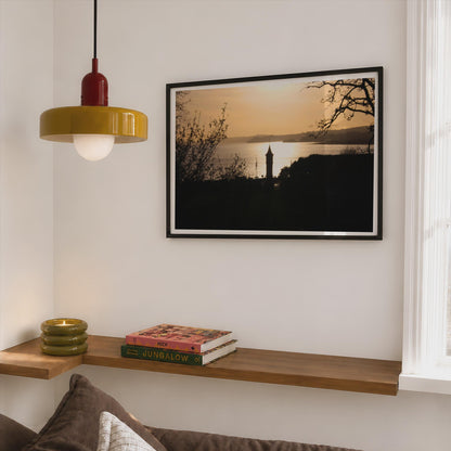 Sunset Silhouette Church Tower Coastal Landscape Poster mockup - Corner Bedroom Mockup - Landscape