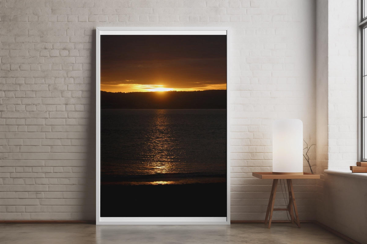 Golden Sunset Over the Sea Poster, Coastal Dusk Photography Print, Orange Sky Seascape Wall Art, Beach Horizon Portrait Photo Print