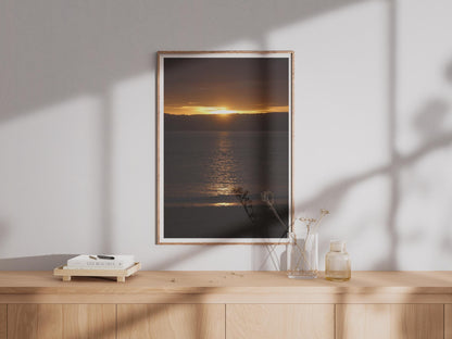 Golden Sunset Over the Sea Poster, Coastal Dusk Photography Print, Orange Sky Seascape Wall Art, Beach Horizon Portrait Photo Print