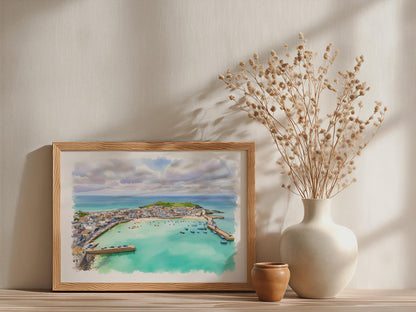 St Ives Cornwall Poster, Aerial Harbour Watercolour Framed-Print, Coastal Wall Art, Cornish Seaside Gift, Turquoise Bay Art Print