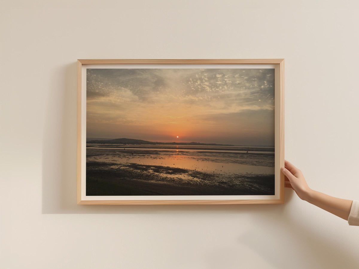 Estuary Sunset Landscape Poster, Coastal Dawn Framed-Print, Orange Sky Wall Art, Tidal Flats Photography, Moody Seascape Decor