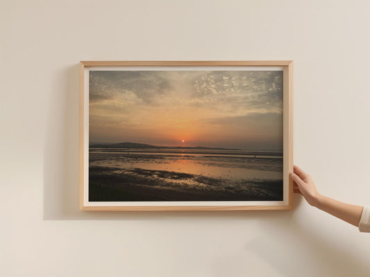 Estuary Sunset Landscape Poster, Coastal Dawn Framed-Print, Orange Sky Wall Art, Tidal Flats Photography, Moody Seascape Decor