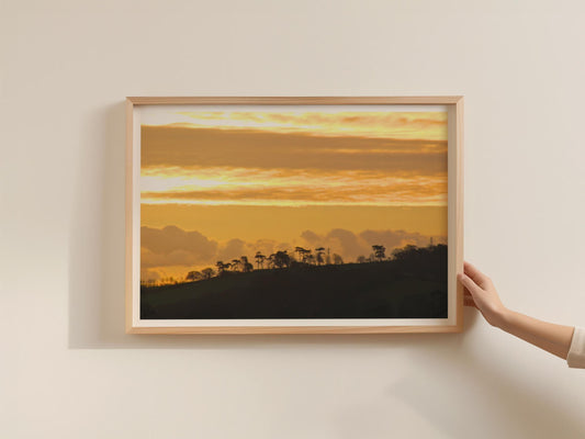 Golden Sunset Landscape Poster, Tree Silhouette Hill Framed-Print, Amber Sky Wall Art, Dawn Dusk Nature Photography Print, Countryside Decor