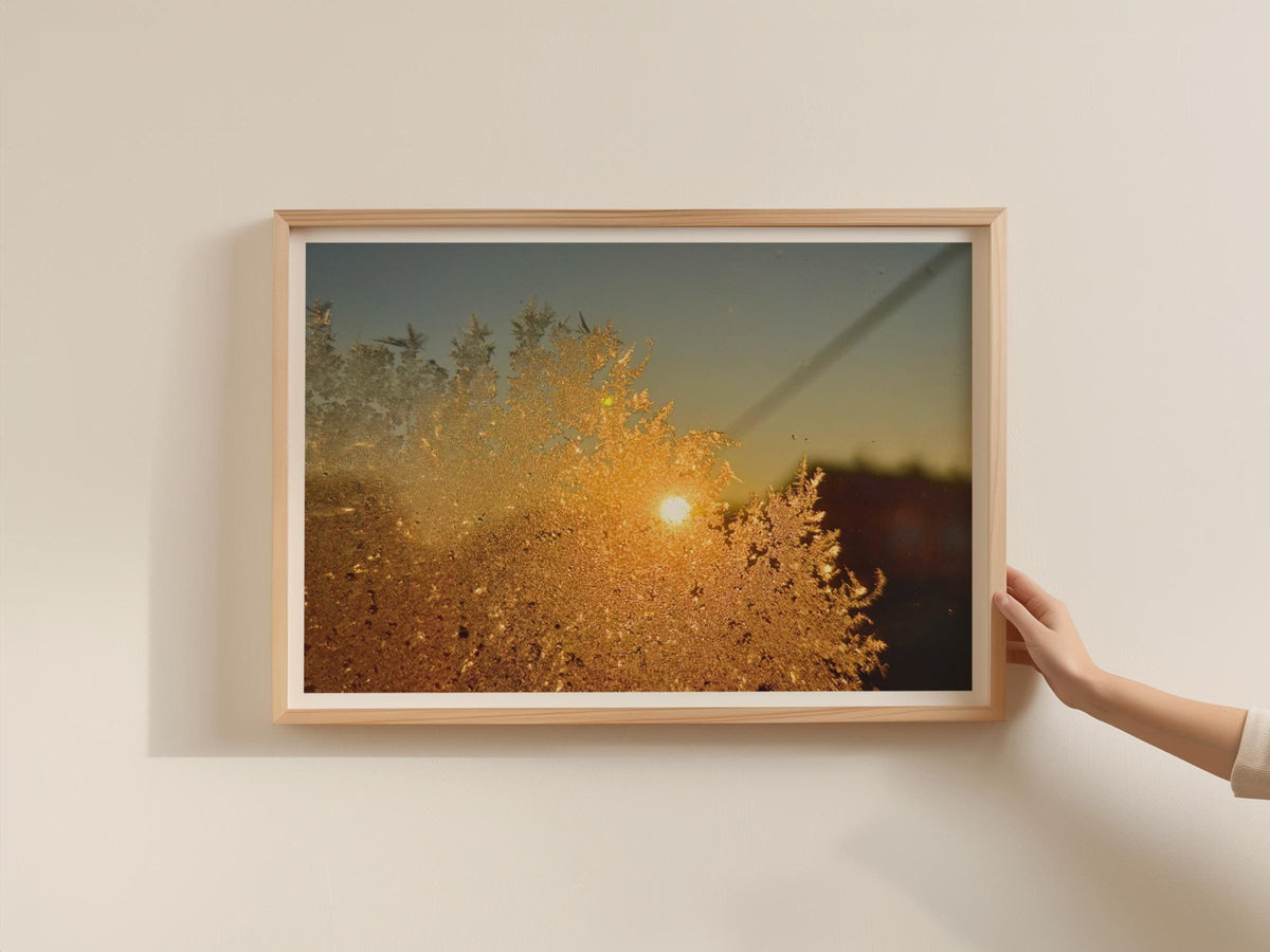 Frost and Sun Winter Landscape Poster, Frozen Window Sunrise Framed-Print, Golden Dawn Ice Crystal Wall Art, Nature Photography Print