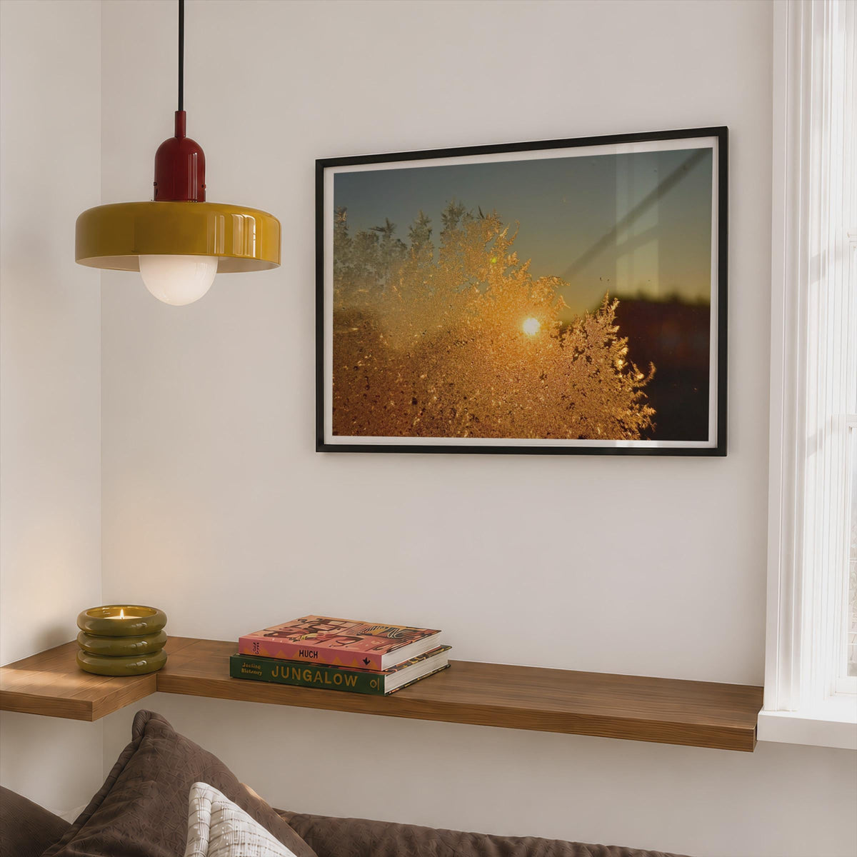 Frost and Sun Winter Landscape Poster mockup - Corner Bedroom Mockup - Landscape