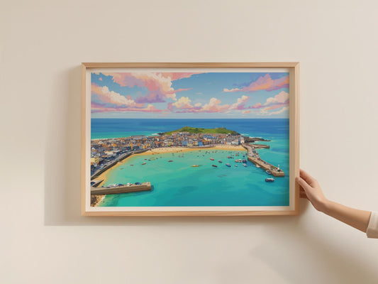 St Ives Cornwall Harbour Poster, Aerial Coastal Wall Art, Framed-Print, Turquoise Sea, Colourful Town, Cornwall Gift