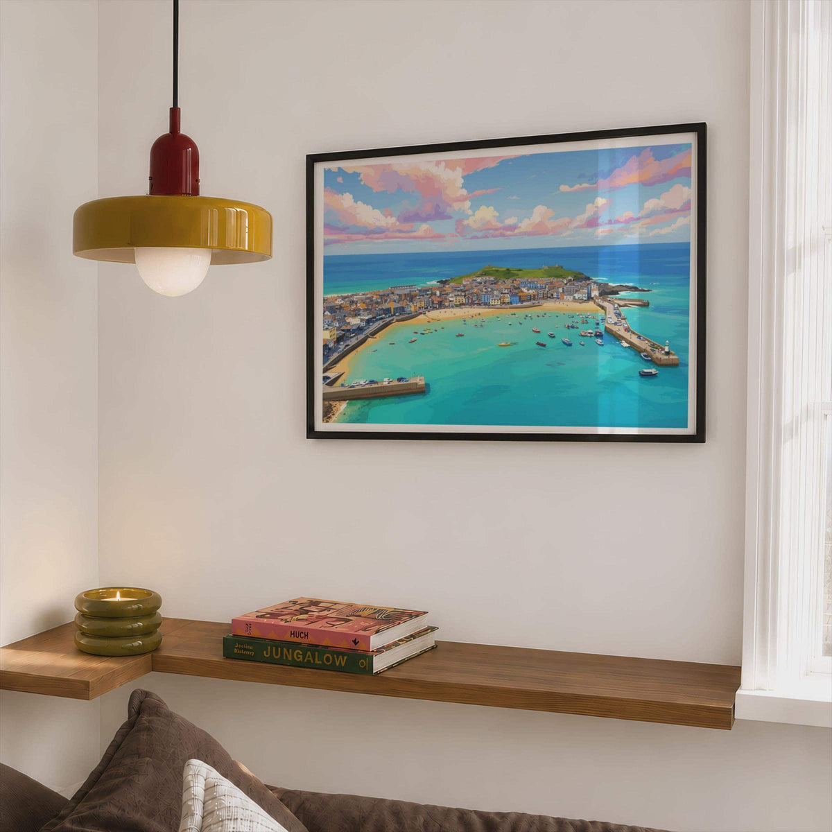 St Ives Cornwall Harbour Poster, Aerial Coastal Wall Art, Framed-Print, Turquoise Sea, Colourful Town, Cornwall Gift
