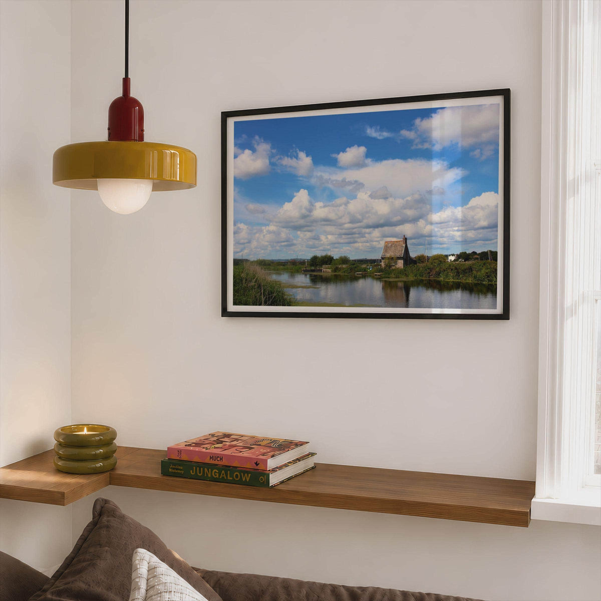 English Canal Cottage Poster, Rural Waterway Landscape Framed-Print, Blue Sky Cloudscape British Countryside Wall Art, Somerset Levels Print