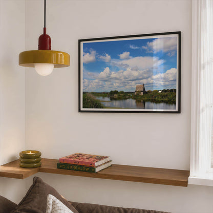 English Canal Cottage Poster, Rural Waterway Landscape Framed-Print, Blue Sky Cloudscape British Countryside Wall Art, Somerset Levels Print