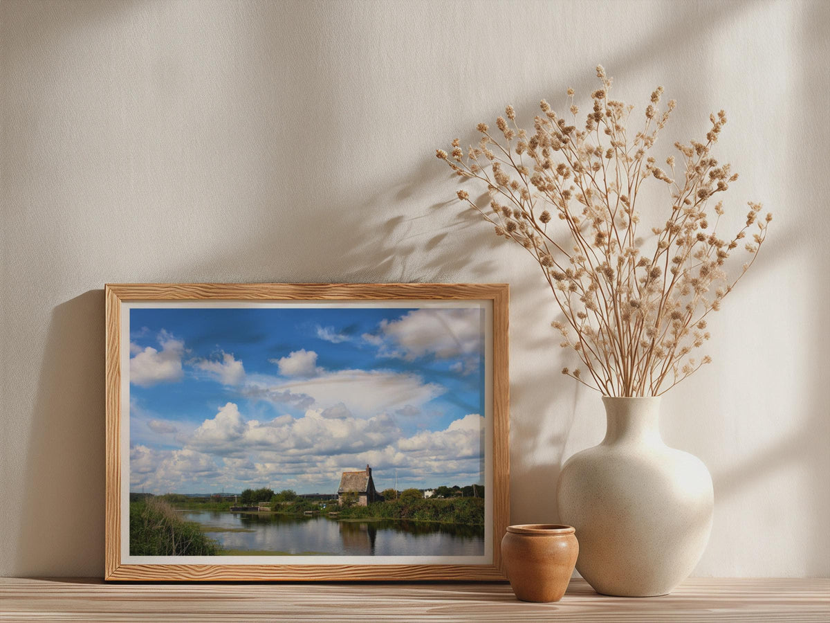 English Canal Cottage Poster, Rural Waterway Landscape Framed-Print, Blue Sky Cloudscape British Countryside Wall Art, Somerset Levels Print