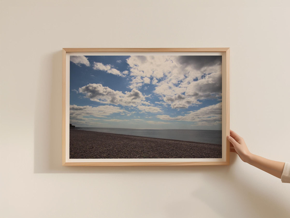 Budleigh Salterton Beach Poster, Devon Pebble Shore Framed-Print, Coastal Wall Art, Blue Sky Seascape, English Seaside Photography Print