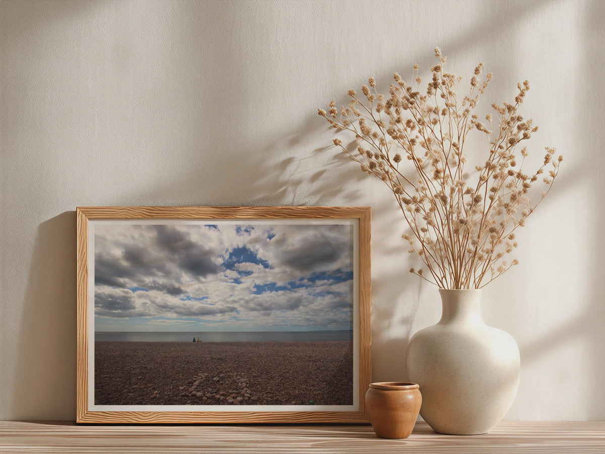 Budleigh Salterton Beach Poster, Devon Coastal Framed-Print, Pebble Shore Seascape, Dramatic Sky Wall Art, South West England Gift