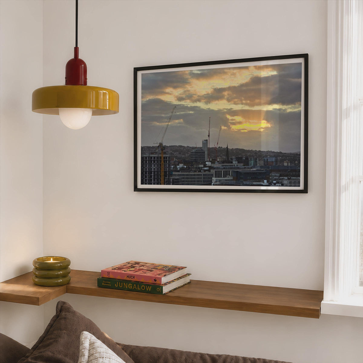 City Skyline Sunset Poster mockup - Corner Bedroom Mockup - Landscape