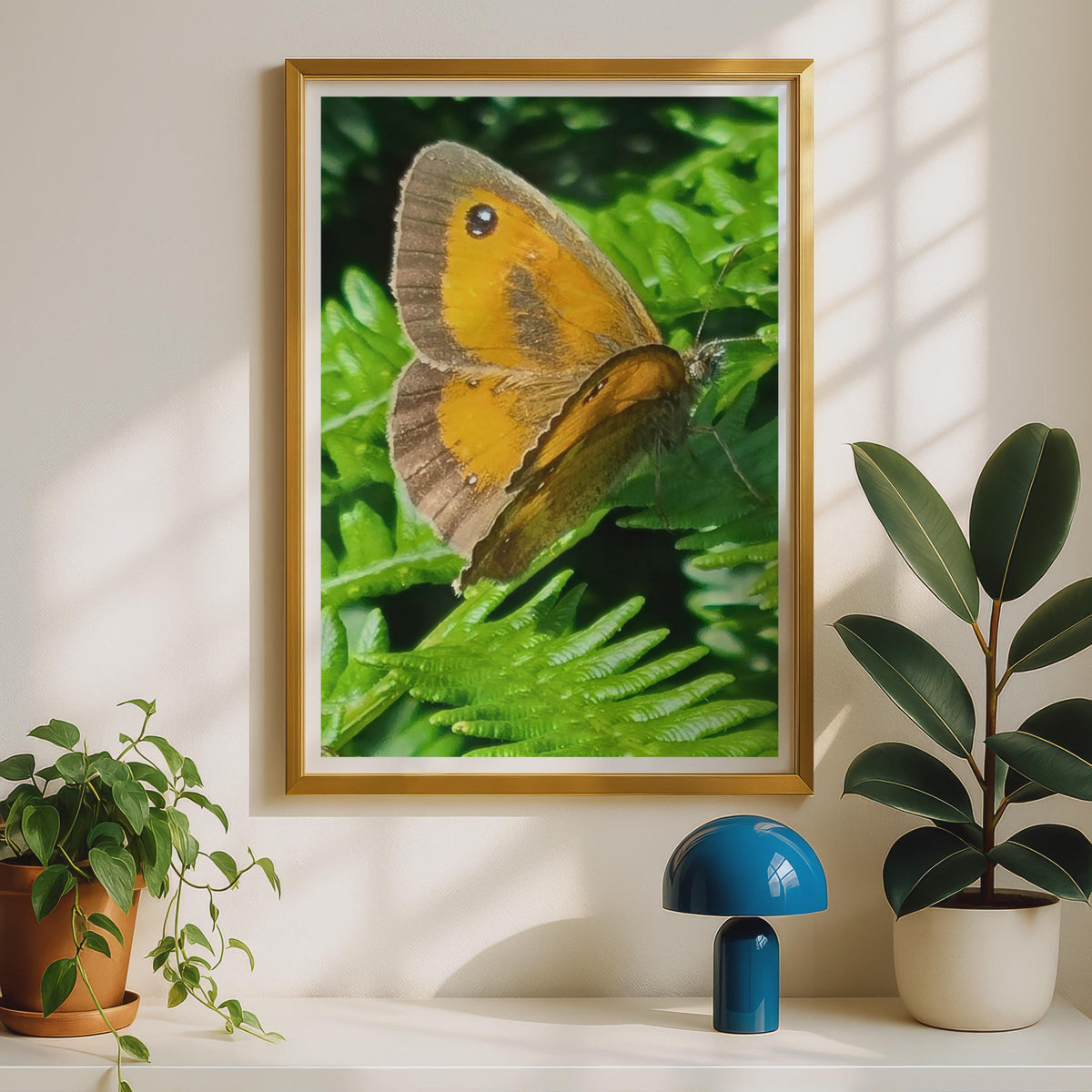 Gatekeeper Butterfly on Fern Poster, Orange Brown Wildlife Photography Print, Nature Wall Art, British Butterfly Photo Print for Home